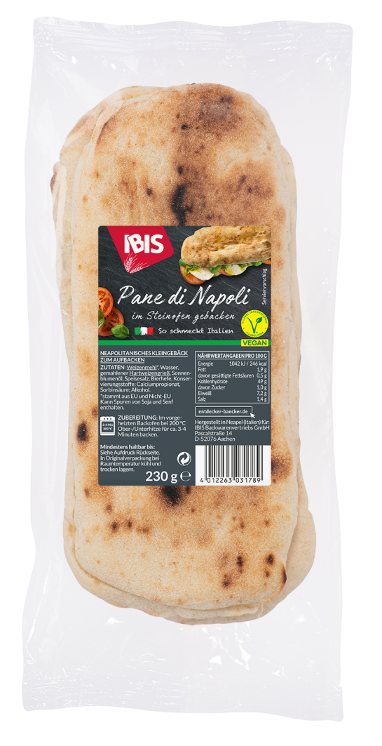 Packung IBIS Pane di Napoli (230 g, 2 Stück), neapolitanisches Fladenbrot zum Aufbacken, transparent verpackt mit Label „Vegan“, knusprig außen, luftig innen.