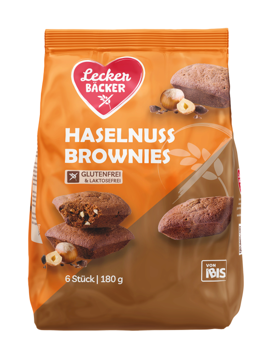 Packshot einer Orange-Braunen Packung: Lecker Bäcker Haselnuss Brownies