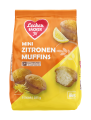 Packshot einer Orange-Gelben Packung: Lecker Bäcker Mini Zitronen-Muffins