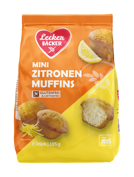 Packshot einer Orange-Gelben Packung: Lecker Bäcker Mini Zitronen-Muffins