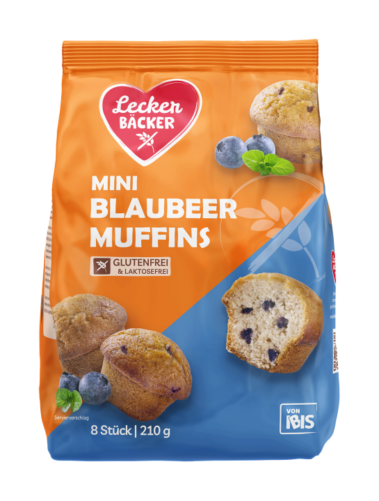 Packshot einer Orange-Blauen Packung: Lecker Bäcker Mini Blaubeer-Muffins