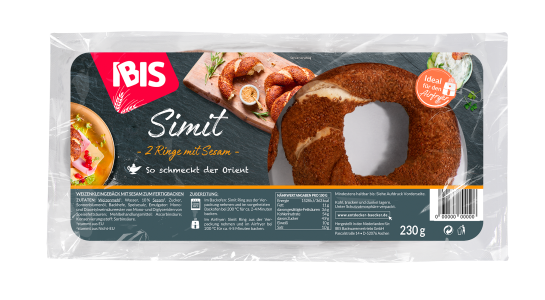 Product packaging for “IBIS Simit – 2 Rings with Sesame” features a dark design and a see-through window through which two ring-shaped, golden-brown baked simit with a sesame crust are visible. The red IBIS logo is placed in the top left corner, and to the right is the note “Ideal for the air fryer.” Serving suggestions are also shown, along with the weight “230 g.”