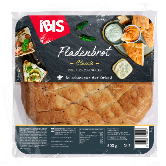 Produktverpackung „IBIS Fladenbrot Classic“ mit dunklem Design und Sichtfenster, durch das ein großes, hellbraunes Fladenbrot zu sehen ist, mit IBIS‑Logo, Grillhinweis und Gewichtsangabe 500 g.