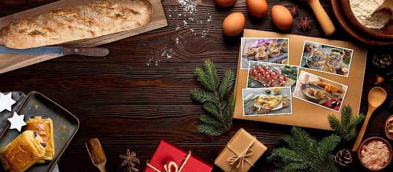 Holz Hintergrund mit diversen Backwaren von IBIS, weihnachtlicher Deko und Fotos von fertigen Gerichten