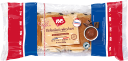 Packung IBIS Schokobrötchen (360 g), acht einzeln verpackte Stücke, rot-blaue Verpackung mit Etikett „13 % Schokolade“, Siegel „Original Französisch“, Abbildungen von Schokolade und Schüssel.