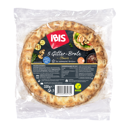 Verpackung IBIS 5 Gitter-Brote Classic (320 g) in transparenter Folie. Mit Bild von gegrilltem Brot, Gemüse und Soße.
