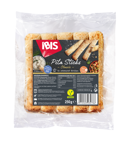 Packaging of IBIS Pita Sticks Classic (250 g) in transparent foil. Visible are topped pita sticks, images of dips and salads, and grilling suggestion.